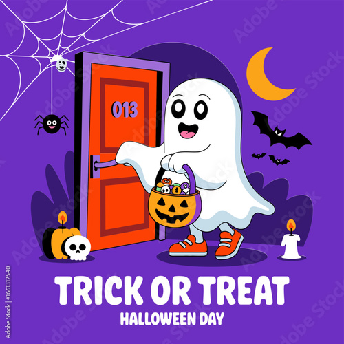Cute ghost knocking for candy at orange door, pumpkin pail, spider web, Halloween vector
