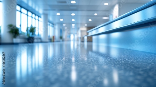 Wallpaper Mural Empty modern hospital or clinic hallway with a shiny reflective floor, seen from a low angle with a blurred background and blue tones Torontodigital.ca