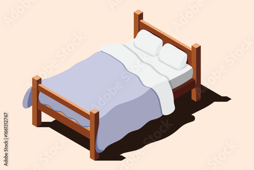 Isometric wooden bed with mattress. 3D isometric bed. Wooden bed frame with mattress, pillow, and blanket. Isometric bedroom furniture