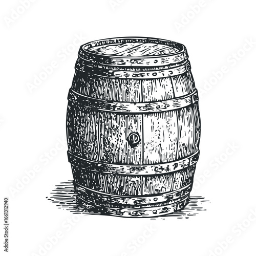 Detailed ink sketch of a wooden barrel with metal bands and a circular emblem