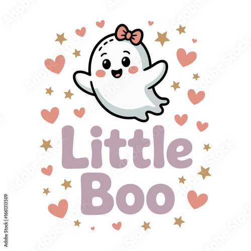 Little Boo cute ghost waving with hearts and sparkles, friendly Halloween phrase for nursery wall art, poster, tee, sticker vector