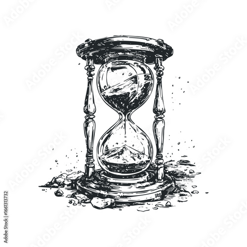 Ink drawing of an hourglass with sand flowing and mountainous landscape inside