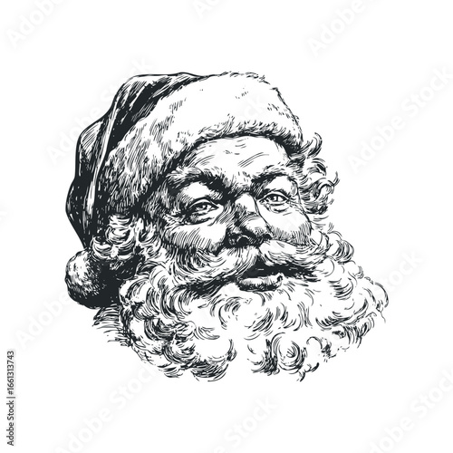Vintage illustration of Santa Claus with bushy beard and hat