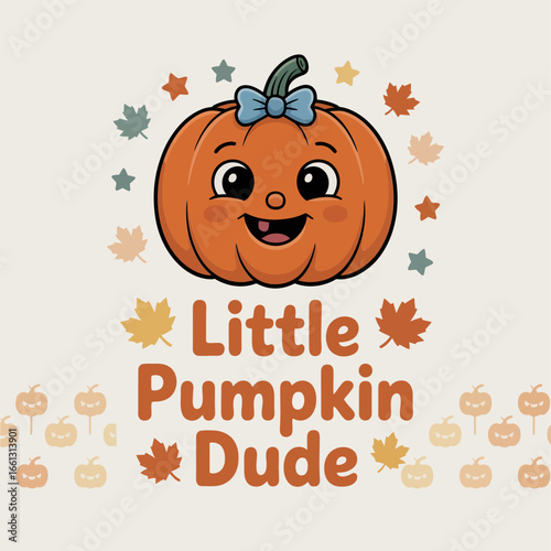 Little pumpkin dude cute jack o lantern with leaves and hearts, playful Halloween kids shirt design, sticker, greeting card vector