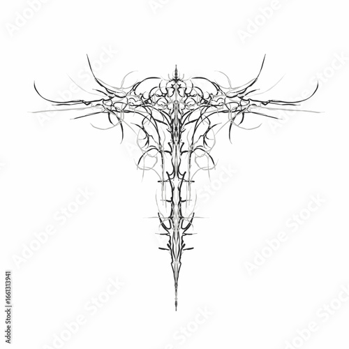 Abstract Neo Tribal Cyber Sigilism design, hand drawn symmetrical lines forming cross vector illustration isolated on white background. For tattoo, streetwear t-shirt print elements