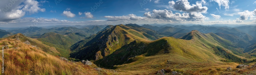 Obraz premium Panoramic mountain vista, rolling hills, lush valleys, and a vibrant sky