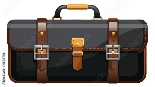 A black leather briefcase with brown straps and silver buckles is displayed against a white background.