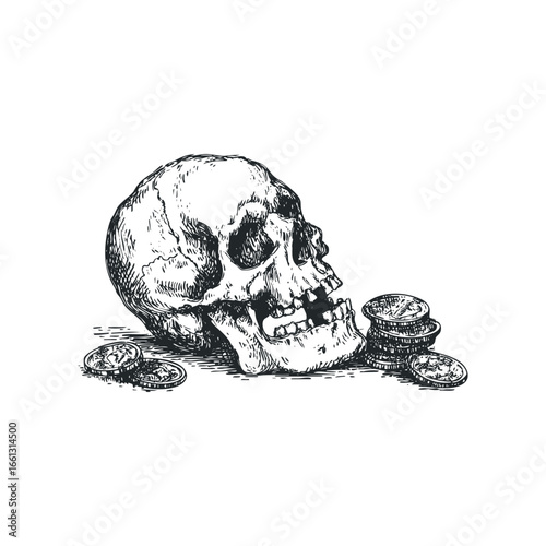 Hand drawn skull with stacked coins illustration in vintage style