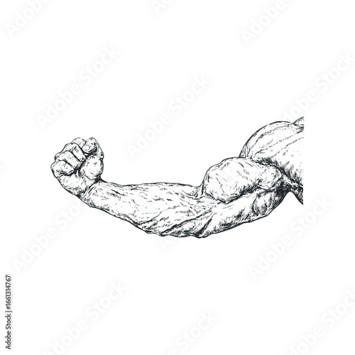 Detailed sketch of a flexed human arm showing prominent musculature and veins