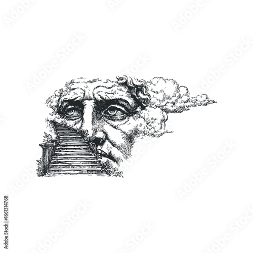 Classical stone statue face emerging from clouds with a descending staircase