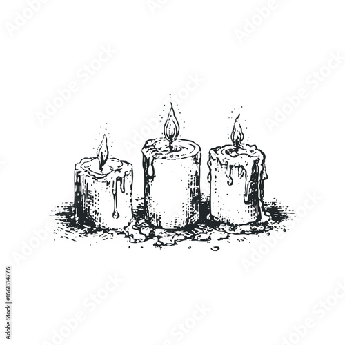 Three lit candles with dripping wax in a linocut style