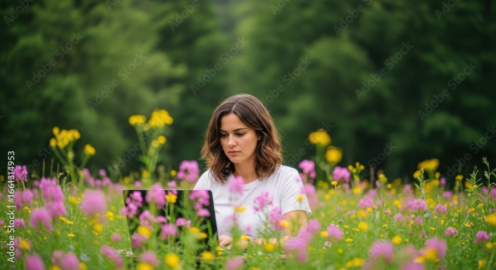A woman sits in a vibrant meadow filled with wildflowers, concentrating on her laptop in a natural setting A woman sits in a vibrant meadow filled with wildflowers, concentrating on her laptop in a natural setting