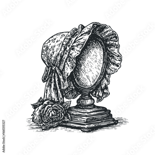 Antique Bonnet with Mirror and Rose Detailed Sketch