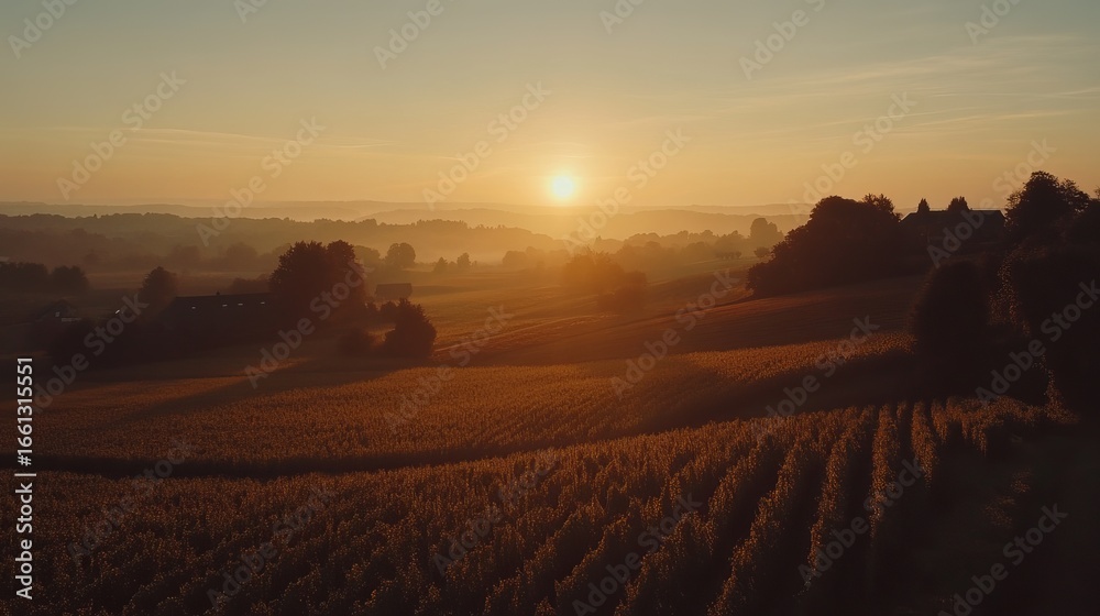 Obraz premium Sunrise over golden fields, hazy landscape