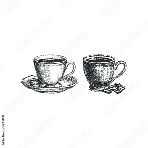 Hand-drawn sketch of two coffee cups with coffee beans