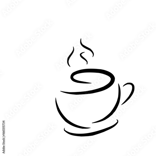 A minimlist line rawing features a stylized coffee cup emitting steam