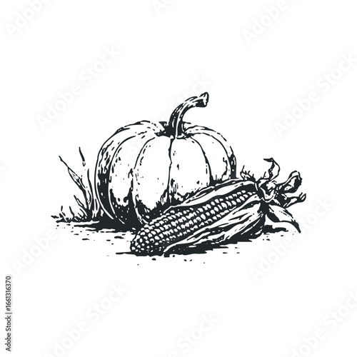 Black and white drawing of a pumpkin and corn on the stalk