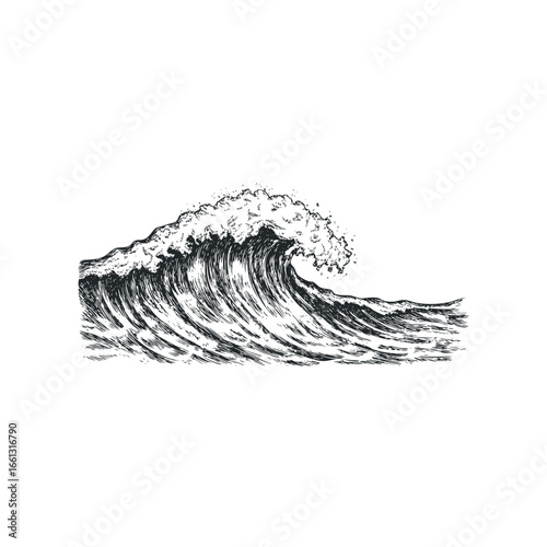 Black ink sketch of a powerful ocean wave curling and breaking
