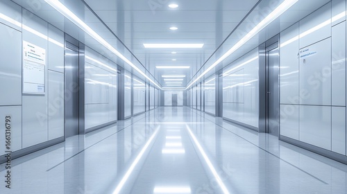 Long perspective of a modern futuristic brightly lit hallway