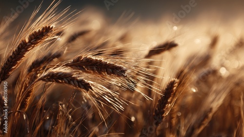 Ripe golden wheat ears standing tall, bathed in warm morning sunlight. Soft focus bokeh background of a natural field.