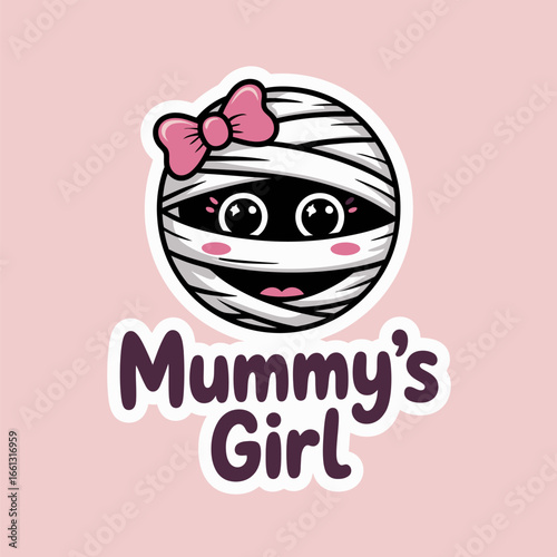 Mummys girl adorable wrapped head on pastel background, friendly Halloween quote, nursery wall art, sticker, t shirt, vector