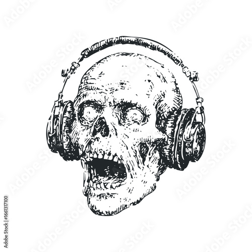 Detailed sketch of screaming skull wearing large headphones