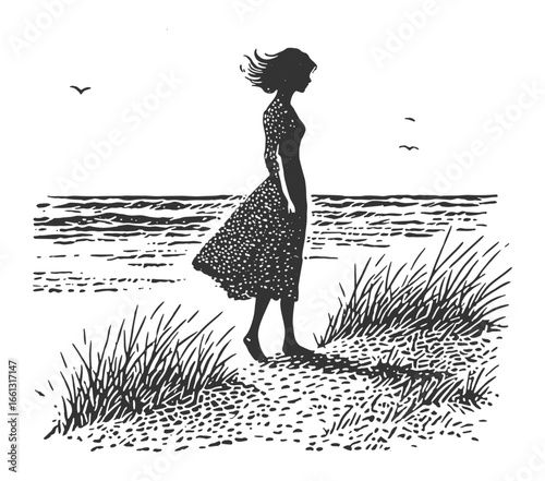 Silhouette of a woman on a beach, enjoying the breeze and the ocean view. Vintage withered woodcut linocut style engraving vector illustration.