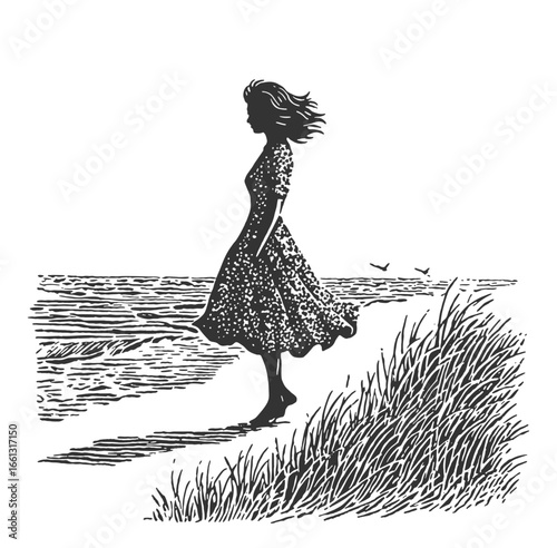 A woman in a dress walks along the beach, a peaceful scene in black and white. Vintage withered woodcut linocut style engraving vector illustration.