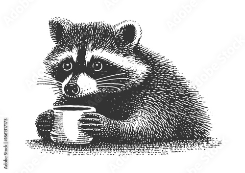 A cute raccoon enjoys a warm drink in a black and white illustration. Vintage withered woodcut linocut style engraving vector illustration.