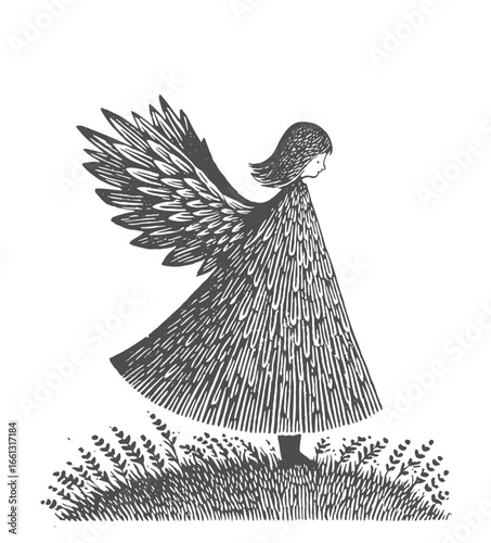 An angel with elegant wings stands gracefully in grass. Vintage withered woodcut linocut style engraving vector illustration.