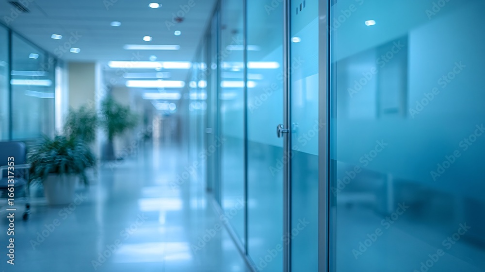Fototapeta premium Modern blue-toned office hallway with glass wall interior