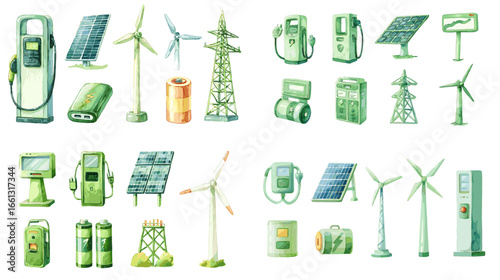 Eco-friendly illustration set of renewable energy and green technology icons including solar panels, wind turbines, batteries, and charging stations.