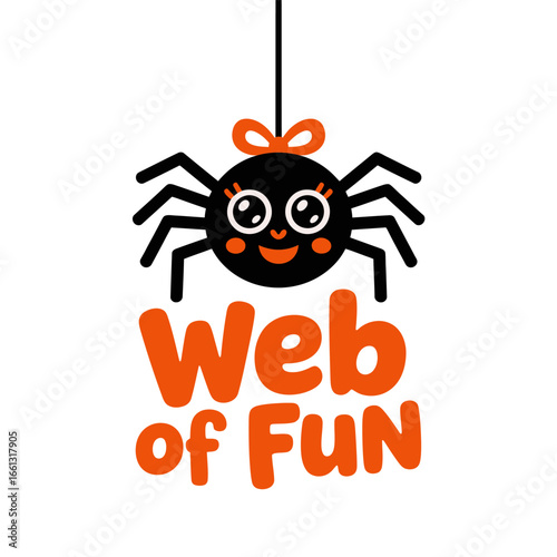Web of fun spider icon with orange title and dangling thread, friendly Halloween graphic for tags labels apparel vector