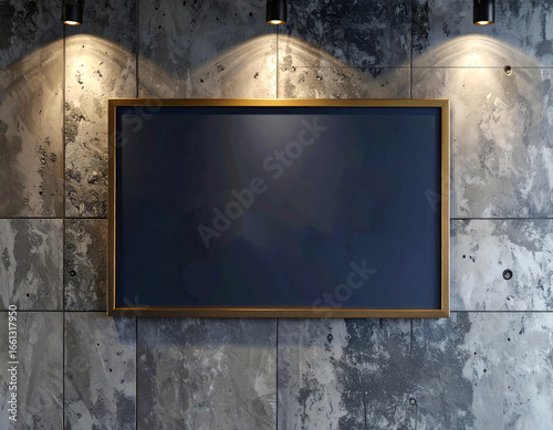 A dark navy canvas in a gold frame hangs on a textured concrete wall, illuminated by recessed lighting.