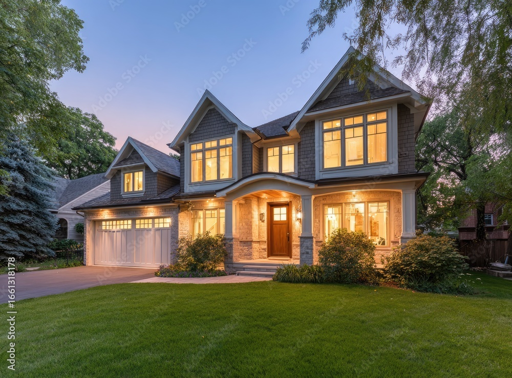 Obraz premium Elegant home at twilight, lit by warm interior light. Spacious house with modern exterior details, nestled in a landscaped yard