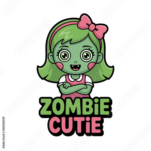 Zombie cutie chibi character, green face with blush cheeks and bow, Halloween cartoon icon, cute sticker, children design, party decoration vector