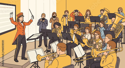 Illustrative ensemble performance with conductor and photographers capturing the moment
