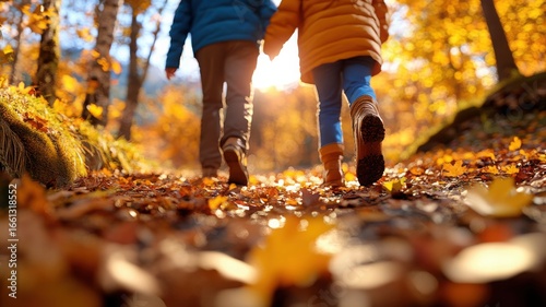 Couple walking side by side on a quiet forest trail with warm clothes, embracing late afternoon sun, leaves crunching beneath their steps