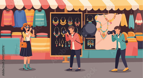 Capture the moment: Photographers at vibrant outdoor artisan market illustration
