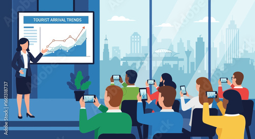 Tourism industry data presentation in a corporate meeting with attendees