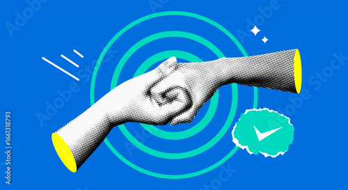 Concept of teamwork, cooperation, trust. Two hands clasped together. Handshake. Making a deal. Merger of companies. Modern collage. Connection between two people. Conclusion of alliance
