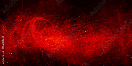 A dark red background bursts with the hot, burning texture of a flame and an inferno of light