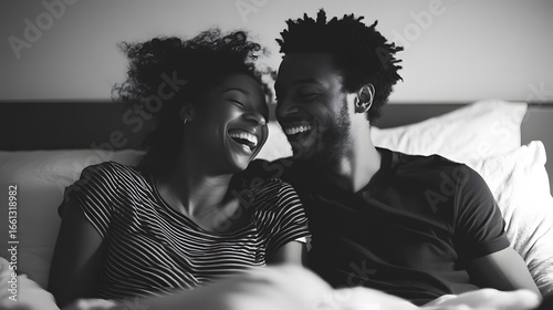 16. Black and white couple laughing in bed together