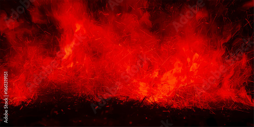 Fiery red and orange flames dance in a dark inferno with vibrant yellow heat and swirling black smoke