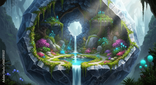 Enchanted Realm: A mystical garden cascading from a floating stone fortress