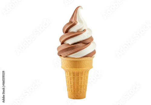 Photos Isolated Chocolate and Vanilla Swirl Soft Serve Ice Cream in a Waffle Cone