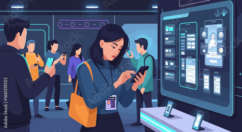 Attendees exploring interactive mobile apps display at a tech conference