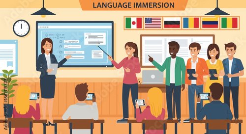 Lively language immersion classroom featuring diverse students and instructors
