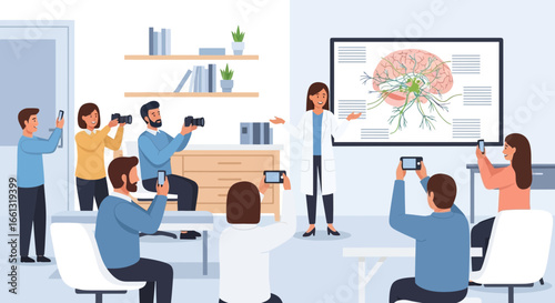 Presentation on brain anatomy with audience capturing information with cameras