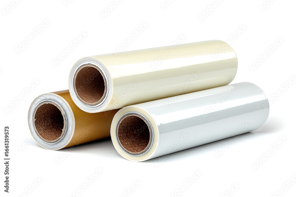 Fototapeta premium Stack of Three Different Colored Rolls of Plastic Film On White Background